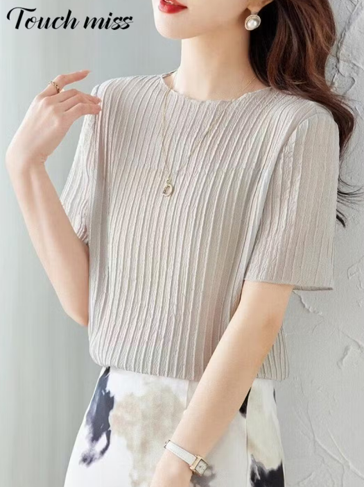塔驰密司（touchmiss）桑蚕丝短袖t恤女2026新款夏季轻奢高级感真丝上衣女装外穿 灰色 L